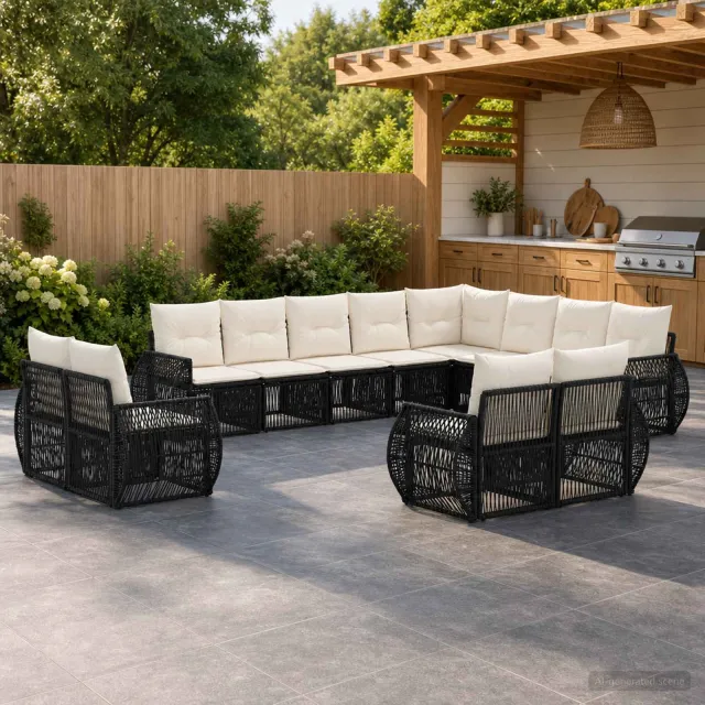 vidaXL Tuinbankenset 12 st 12-zits Zwart en Cream Wit poly rattan