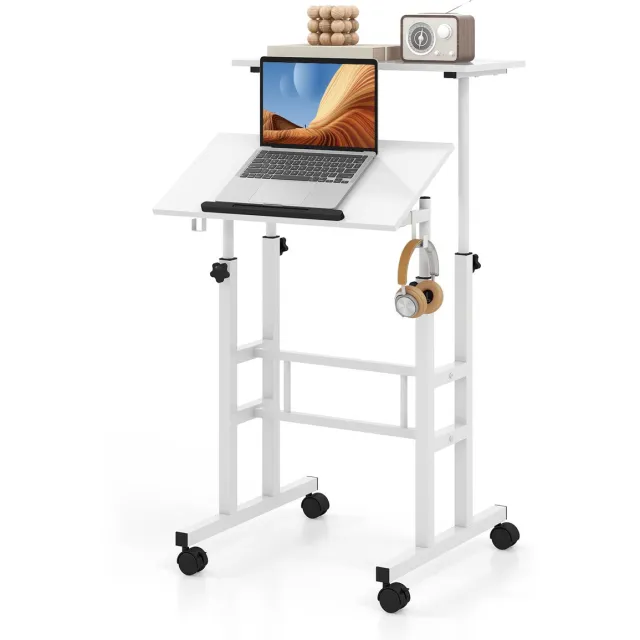 Costway Sta-bureau, in hoogte verstelbaar, mobiele computertafel met wielen, kantelbaar tafelblad en 2 haken, bureau, state-zittafel, laptoptafel voor thuis, kantoor (wit)