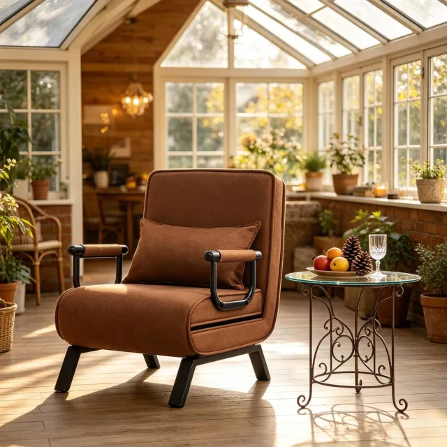 REDOM Fauteuil - 3 in 1 slaapstoel met verstelbare rugleuning - Met armleuningen - Met kussen - Metalen frame - Bruin - 65 x 78 x 75 cm