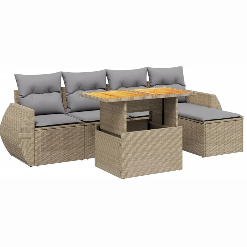vidaXL 6-delige Loungeset met kussens poly rattan beige, foto 3