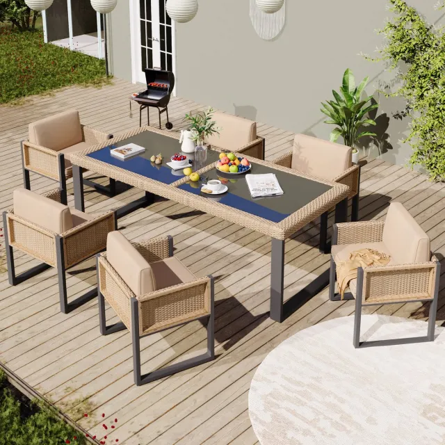 Merax Polyrotan eettafel- en stoelenset, tuinmeubelen, 6-persoons tuin eetgroep met fauteuils, afneembare en wasbare stoffen hoezen lichtbruin