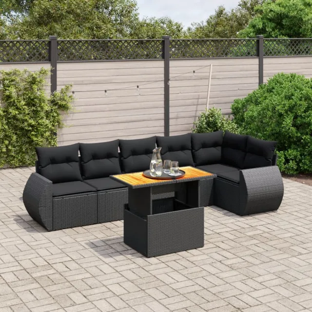 vidaXL 7-delige Loungeset met kussens poly rattan zwart, foto 2