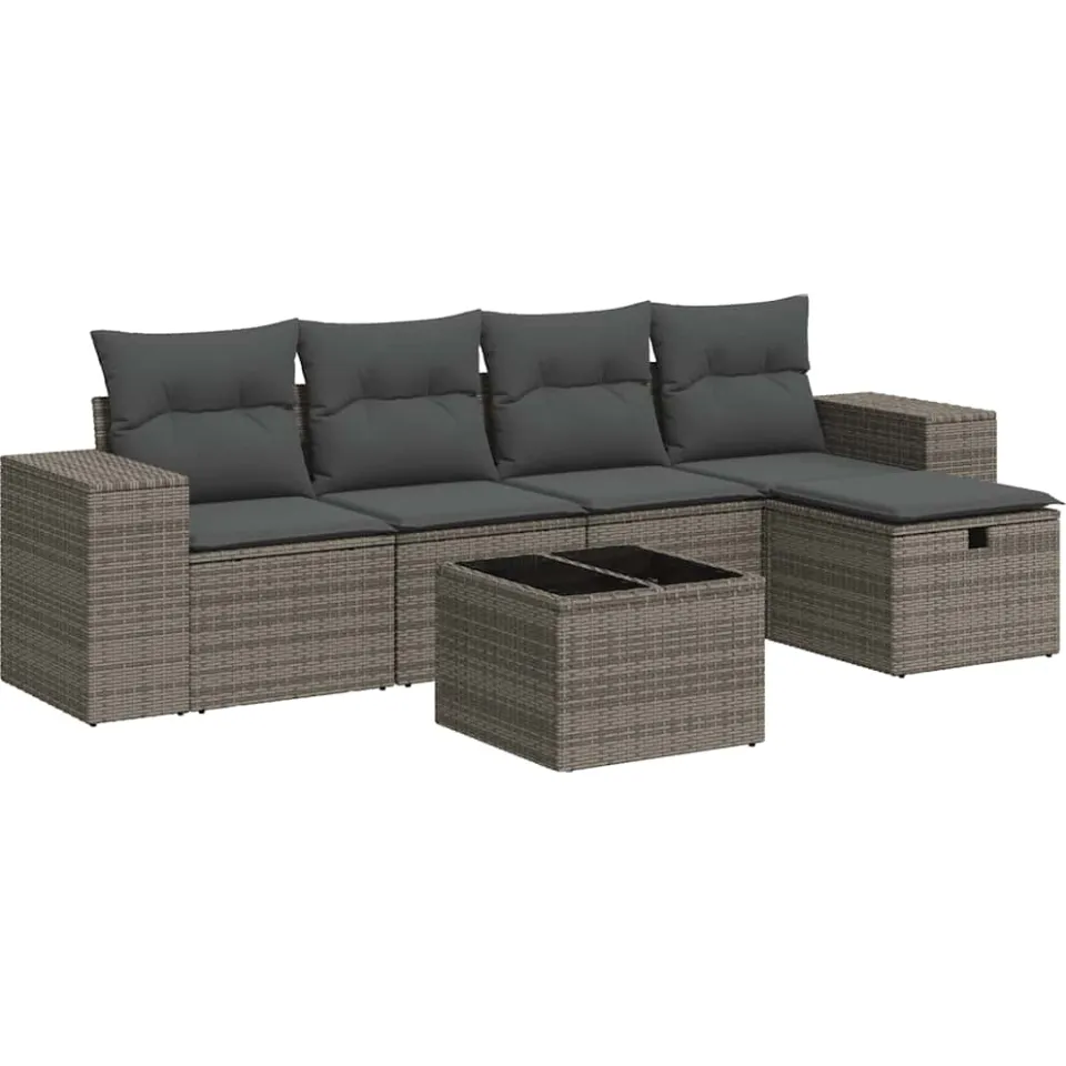 vidaXL 6-delige Loungeset met kussens poly rattan grijs, foto 3