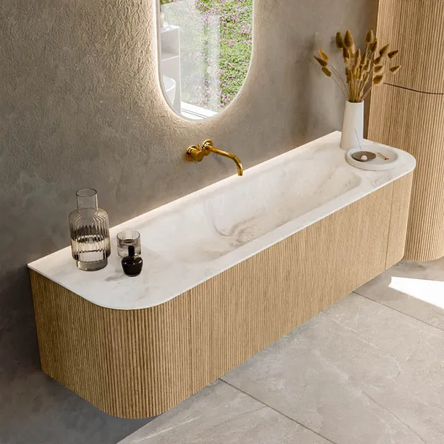 Mondiaz KURVE-DLUX 160 cm Onderkast Greeploos 1 Lade Met Deuren Oak, Wastafel Solid Surface Midden Frappe 0 Kraangaten Zonder Spiegel (KRVBGM160L+R1L2D0KM-Oak/Fra)