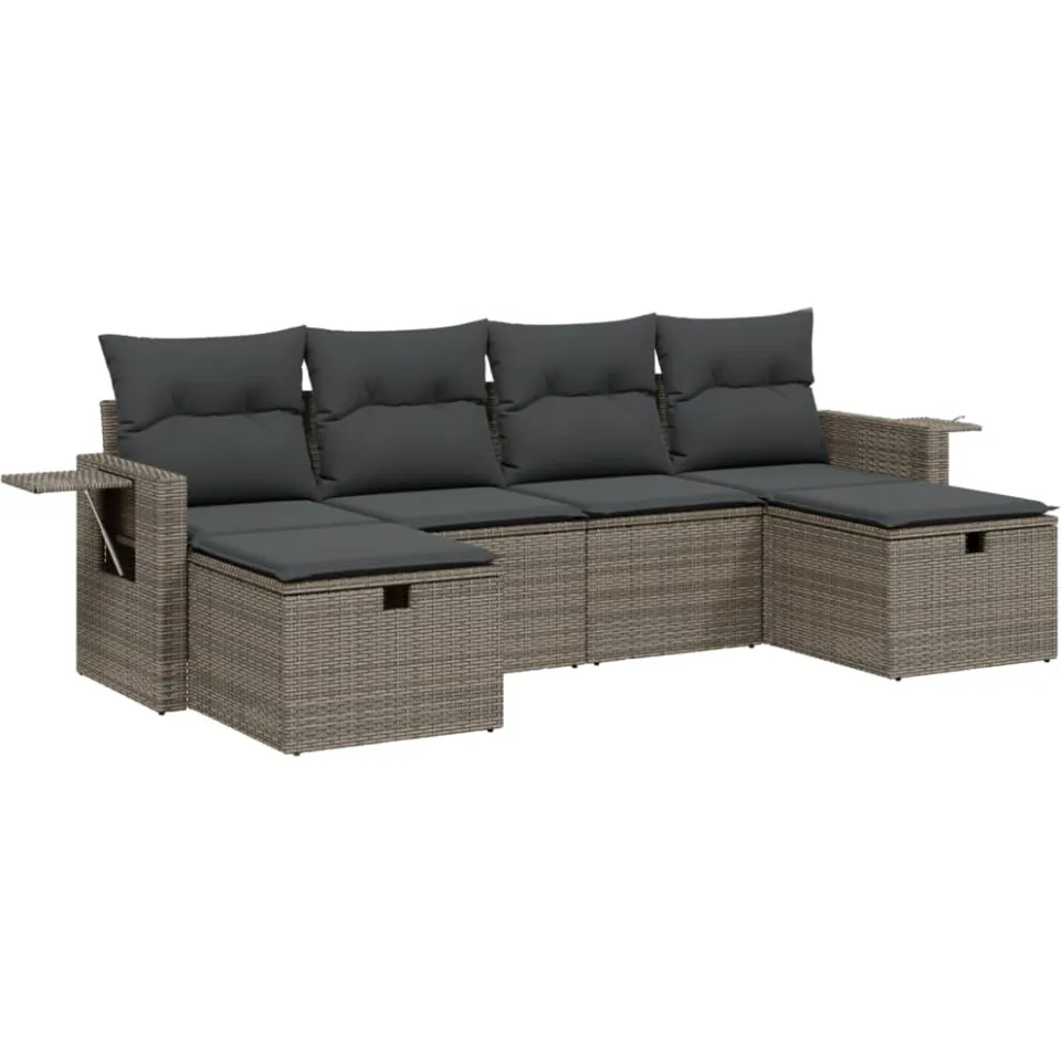 vidaXL 6-delige Loungeset met kussens poly rattan grijs, foto 3