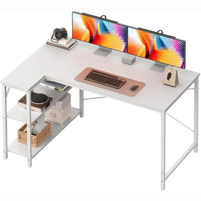 emvae Bureau - Hoekbureau - Met opbergplanken - Gamebureau - 120 x 80 x 73 cm - Wit