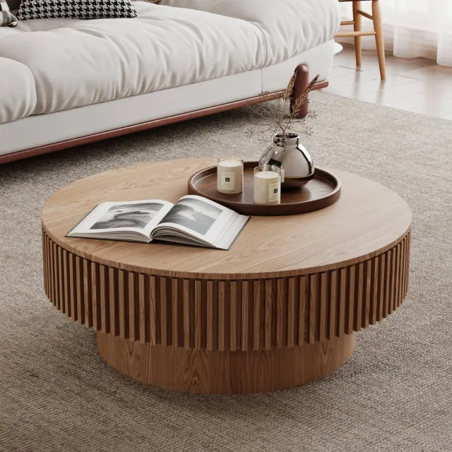 MEUNIQ Ronde salontafel 75 cm met verborgen opbergruimte, gelakt MDF en houtfineer, geribbelde cilindervoet voor woonkamer of kantoor, naturel Naturel hout