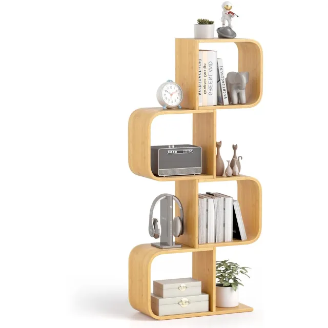 Costway Boekenkast, S-vormig, staand rek van bamboe met 4 niveaus, kubusrek, kantoorrek, opbergrek voor woonkamer, werkkamer, natuur, 61 x 23 x 133,5 cm Naturel