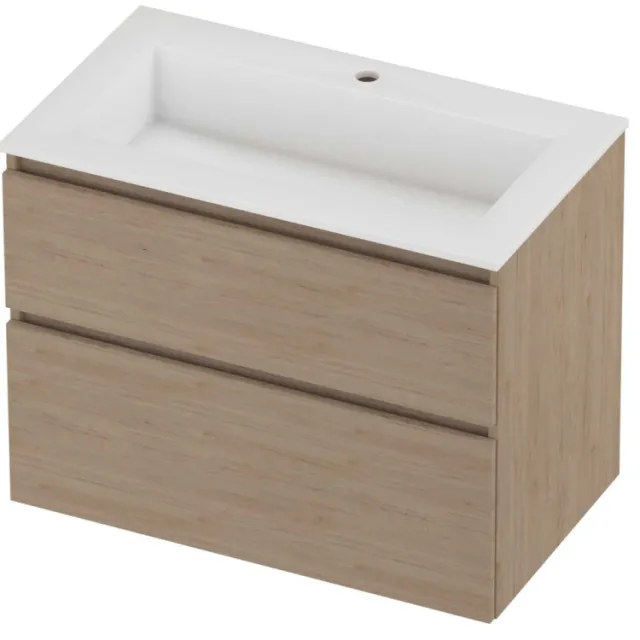Proline Aristo Badmeubelset Polystone Elegant 1 Kraangat 80x46x62 cm Glans Wit Ideal Oak Eiken