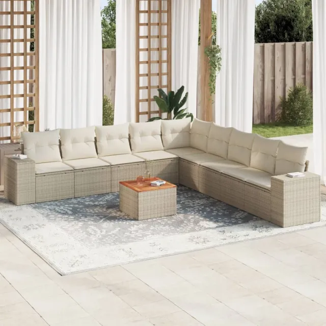 vidaXL 10-delige Loungeset met kussens poly rattan beige, foto 2