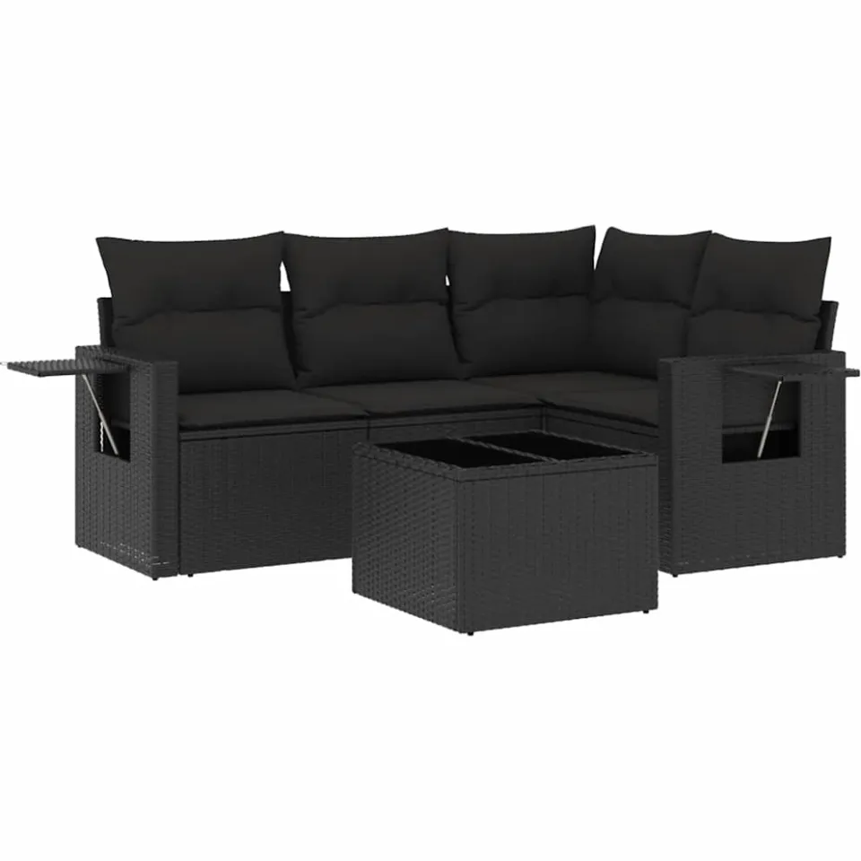 vidaXL 5-delige Loungeset met kussens poly rattan zwart