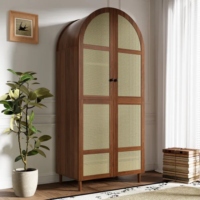 Clruro Kledingkast - 80×50×179 cm - Rotanfront - Kledingroede en Lades - MDF/Spaanplaat - Walnoot
