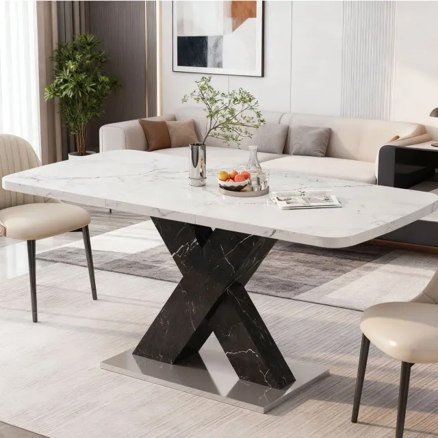 MODFU Eettafel - Uitschuifbaar - Rechthoek - Modern - Marmerlook - Zwart Wit - 160 Cm Wit en zwart