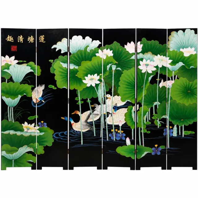 Fine Asianliving Chinees Kamerscherm Handgeschilderd Pond met Eenden 6 Panelen B240xH182cm Groen, Multicolour