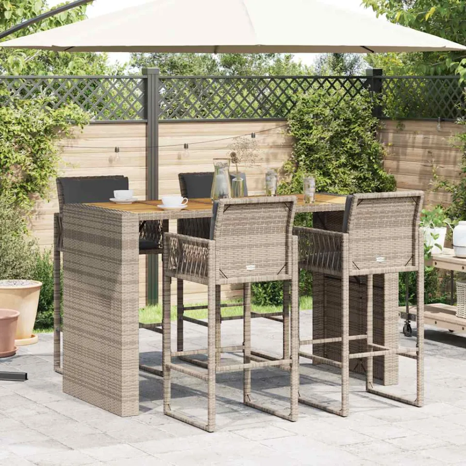 vidaXL 5-delige Tuinbarset met kussens poly rattan acacia grijs, foto 2