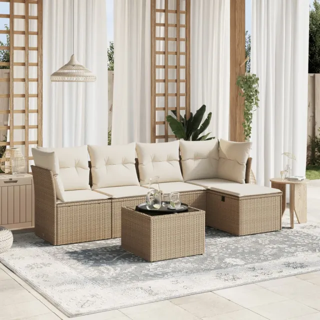 vidaXL 6-delige Loungeset met kussens poly rattan beige, foto 2