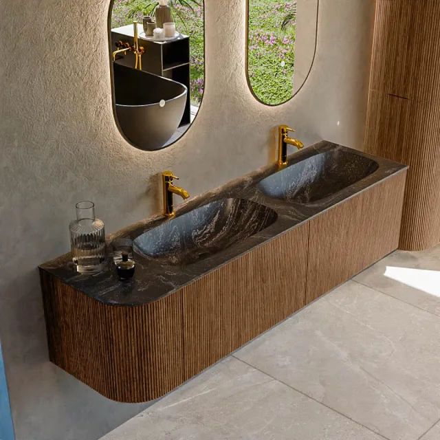 Mondiaz KURVE-DLUX 165 cm Onderkast Greeploos 2 Lades Met Deuren Walnut, Wastafel Solid Surface Rechts Lava 0 Kraangaten Zonder Spiegel (KRVSTS165L2L1D0KD-Wal/Lav)