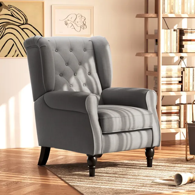 MIVRAY Oorfauteuil 74 x 86 x 102 cm - Hoge Rugleuning met Knoopstiksels - Voor Woonkamer en Slaapkamer - Polyester en Hout - Donkergrijs