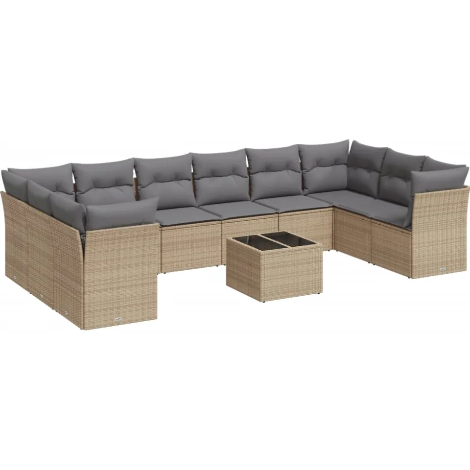vidaXL 11-delige Tuinset met kussens poly rattan beige