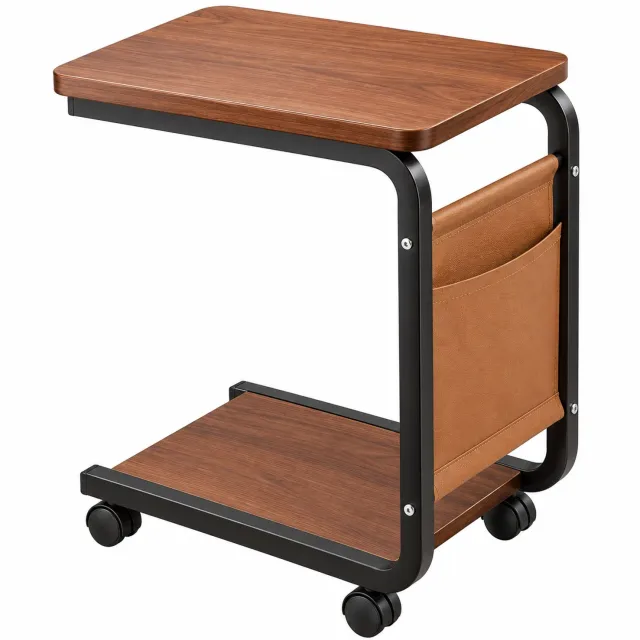 Tremeo Rollende Bijzettafel - Bruin - Massief Hout - Op wielen - Met extra opbergruimte - Laptoptafel - Werktafel - 28 x 35 x 63cm Bruin met zwart frame