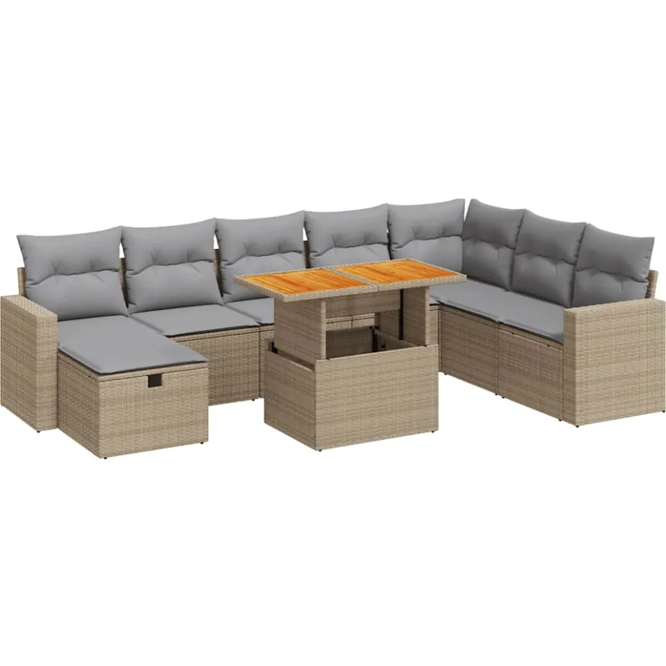 vidaXL 9-delige Loungeset met kussens poly rattan acacia beige, foto 3