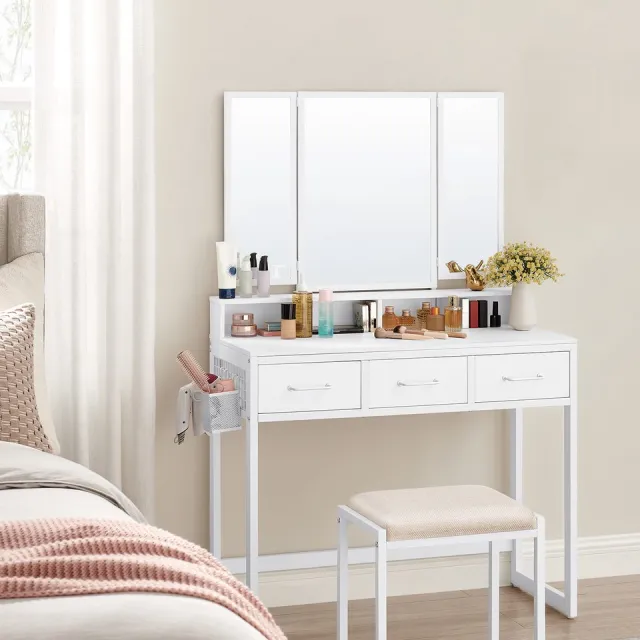 LEOBERT Kaptafel, Make-up Tafel met Drievoudige Spiegel en Kruk, Modern Design, Kleur: Wit, Stevig en Duurzaam, 141 x 90 x 40 cm