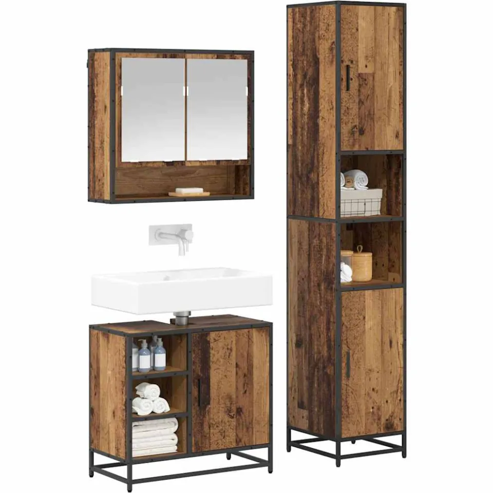 vidaXL Badkamermeubelset 3 st Oud Hout 35 x 37,5 x 188,5 cm Bruin