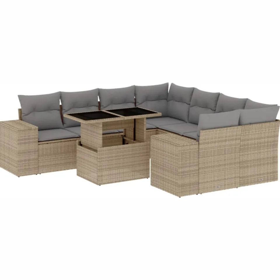 vidaXL 9-delige Loungeset met kussens poly rattan beige