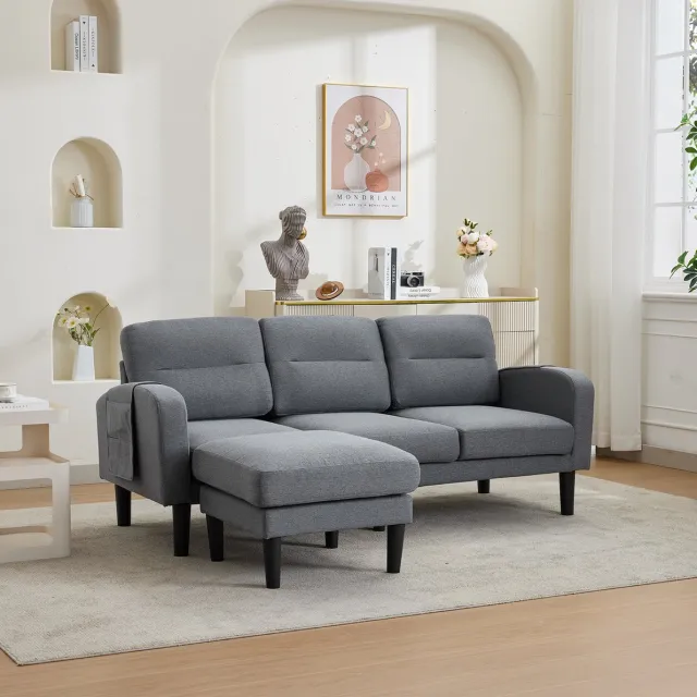 MIVRAY Hoekbank 204 x 136 x 80 cm - 3-Zits Met Chaise Longue En Opbergtassen - Voor Woonkamer - Stof Met Sponsvulling - Grijs
