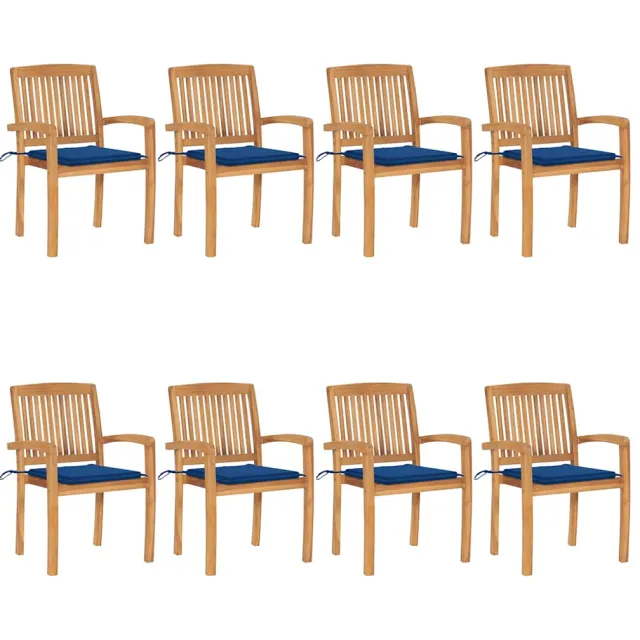 vidaXL Tuinstoelen stapelbaar 8 st met kussens massief teakhout Blauw