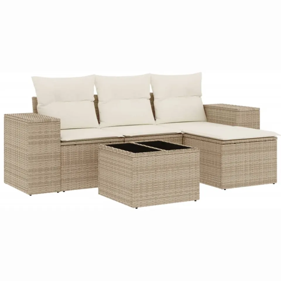 vidaXL 5-delige Loungeset met kussens poly rattan beige, foto 3