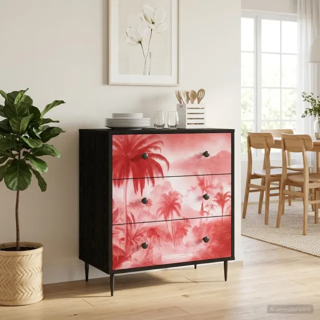 vidaXL Ladekast AACHEN Roze palmbomenprint 66 x 36,5 x 76 cm Zwart