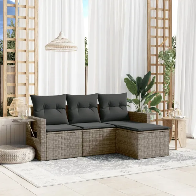 vidaXL 4-delige Loungeset met kussens poly rattan grijs, foto 2