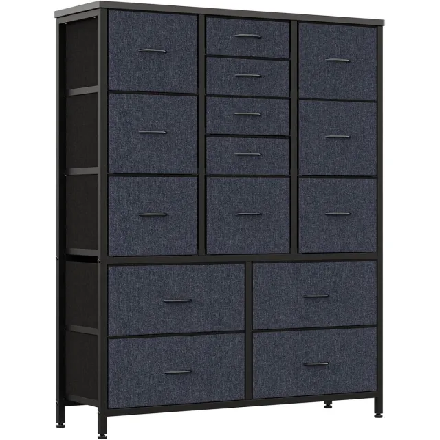 HOERFURIY Hoge Ladekast met 15 Stoffen Lades - Opbergkast met Metalen Frame en Houten Topblad - Ruimtebesparend - Voor Slaapkamer, Hal & Inloopkast Grijs