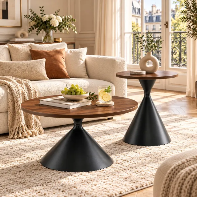 WUVRIE Ronde salontafel- en bijzettafelset Ø70/50 cm - Melamine en zwart staal - Walnoot/zwart Walnootkleurig