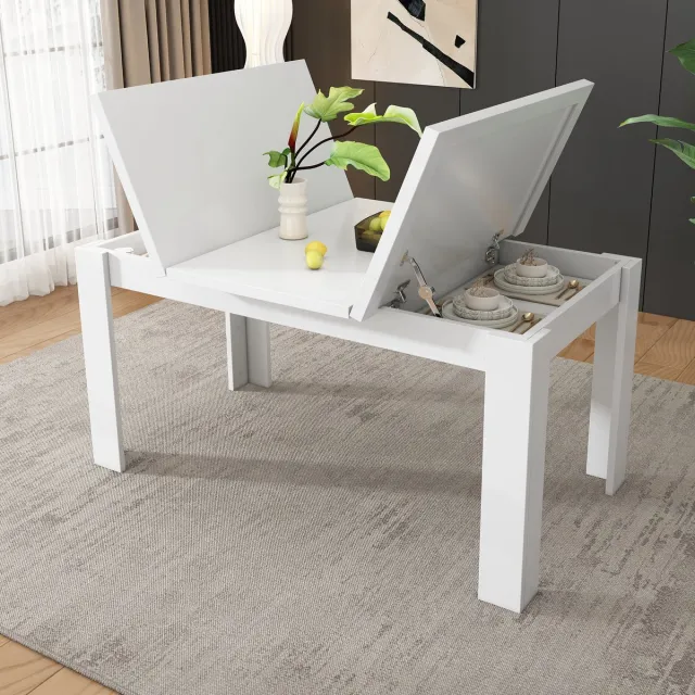 MIVRAY Eettafel - Met Verborgen Opbergruimte En Klapblad - Voor Eethoek En Kleine Woning - MDF Wit - 120x70 Cm