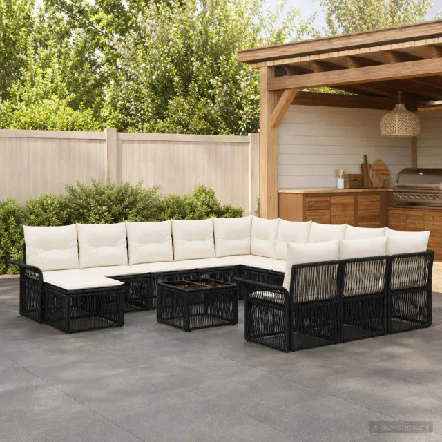 vidaXL Tuinbankenset 13 st 12-zits Zwart en Cream Wit poly rattan, foto 2