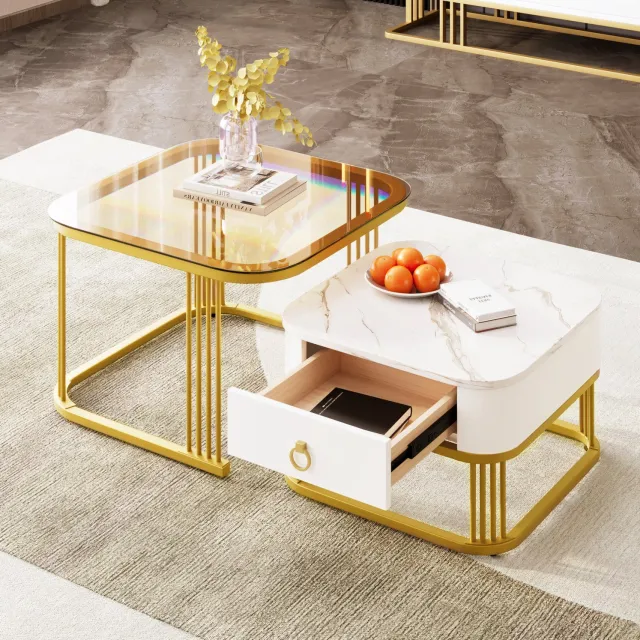 CHICFURN Salontafel - Nestbaar - Set van 2 met lade - Wit, goud en theebruin