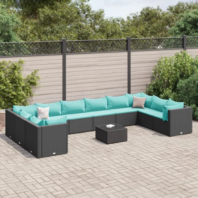 vidaXL 11-delige Loungeset met kussens poly rattan zwart, foto 2