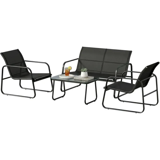 Hoohohoo Tuinset - Loungeset - Tuinmeubelen - Tuinbank - Tuinstoelen - Tuintafel - Glazen blad - 4 Persoons - Zwart
