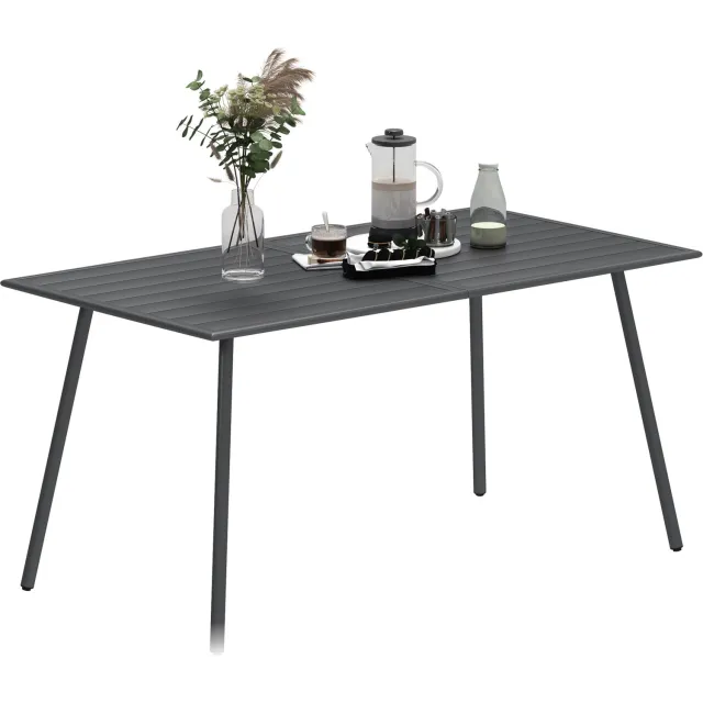 Lunpog Rechthoekige tuintafel met lattenblad, stalen frame, buitentafel voor 6 personen, 150 x 80 x 74 cm, grijs