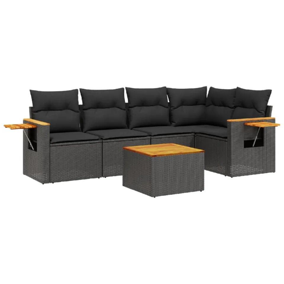 vidaXL 6-delige Loungeset met kussens poly rattan zwart, foto 3