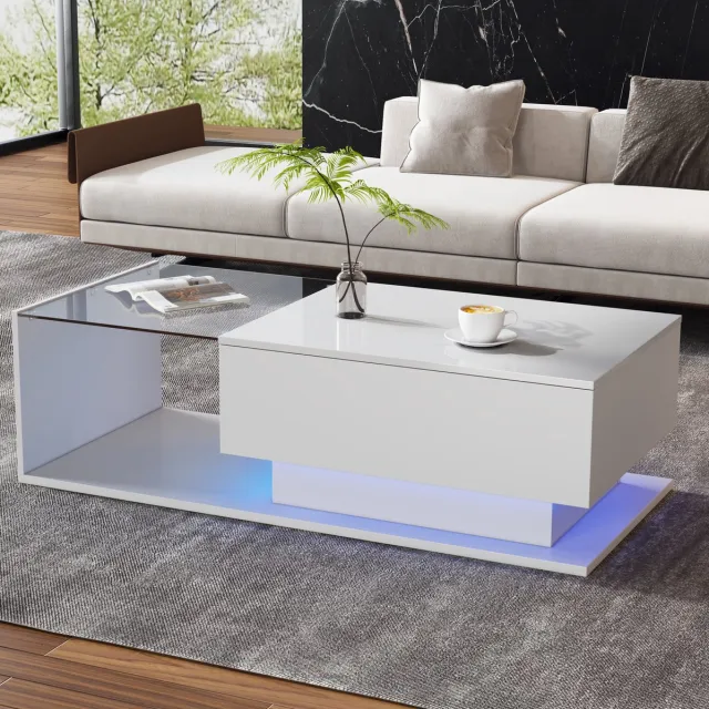 MEUNIQ Salontafel 100 x 50 x 32 cm met glasblad, 1 lade en LED-verlichting, hoogglans wit, rechthoekige salontafel voor woonkamer
