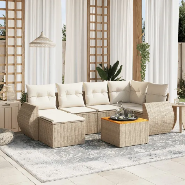 vidaXL 7-delige Loungeset met kussens poly rattan beige, foto 2