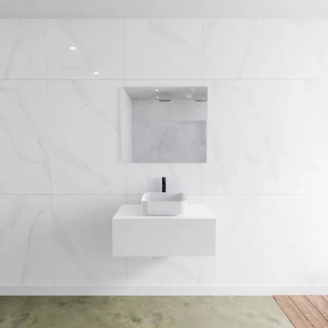 Mondiaz Badkamermeubelset Mondiaz LAGOM 80 cm met Topblad Gecentreerde Wastafel Solid Surface Opzetkom Binx Met 1 Kraangat Mat Wit (1 lade)