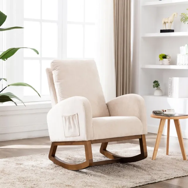 HAUSS SPOLE Schommelstoel - Fauteuil Met Hoge Rugleuning En Zijvak - Voor Woonkamer, Slaapkamer En Kinderkamer - Linnen Beige