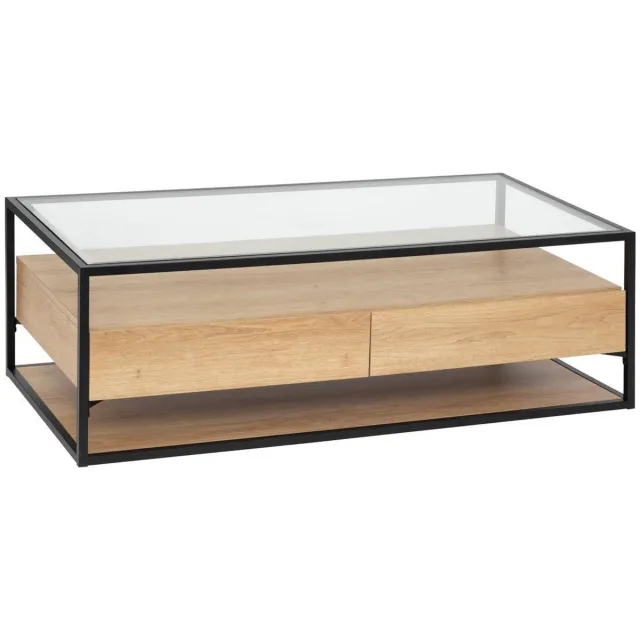 Atmosphera Créateur d'intérieur® Salontafel met 2 lades van gehard glas en eikenhoutlook ALDEA Beige