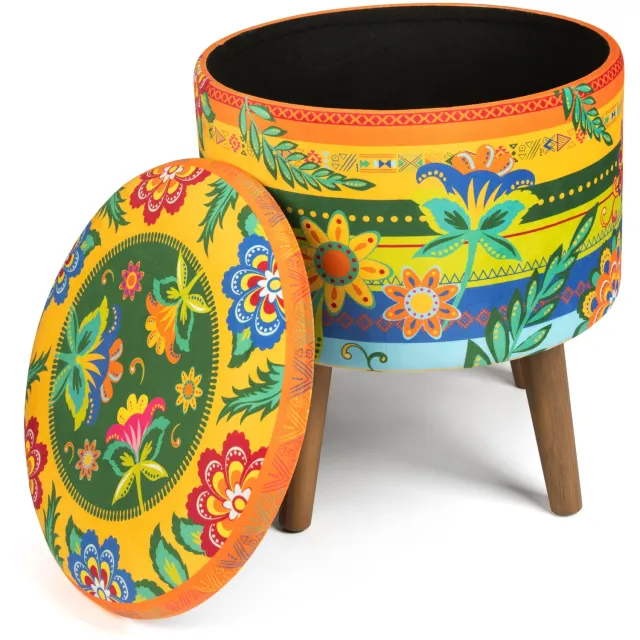 Excelsa Italiaans Design Gipsy Soul Opbergpoef – Fluweel & Hout – 38x38x45 cm – Boho Multicolor Bloemenprint Veelkleurig