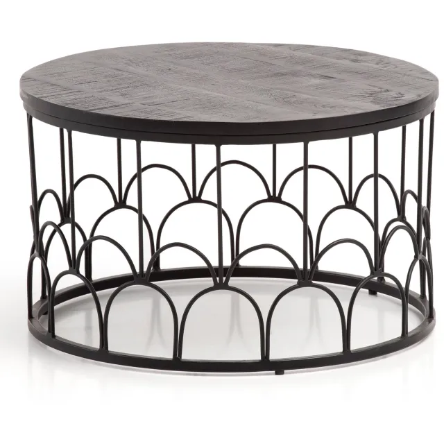 Cosmo Casa Salontafel – Boogpatroon – Handgemaakt – Massief Mangohout – Metaal – Zwart – Ø 60 x 36 cm