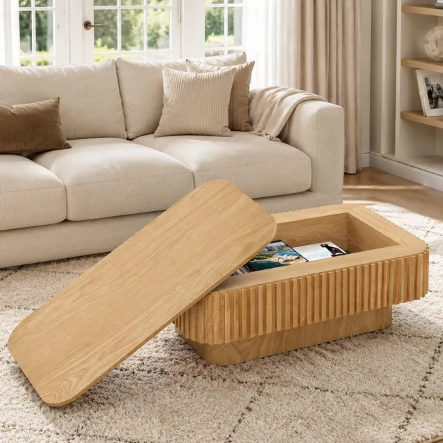 DESMIU Salontafel - Verborgen Opbergruimte Met Afneembaar Deksel - Voor Woonkamer, Slaapkamer Of Kantoor - MDF En Hout - 98x60x35 Cm - Naturel Natuurlijk hout